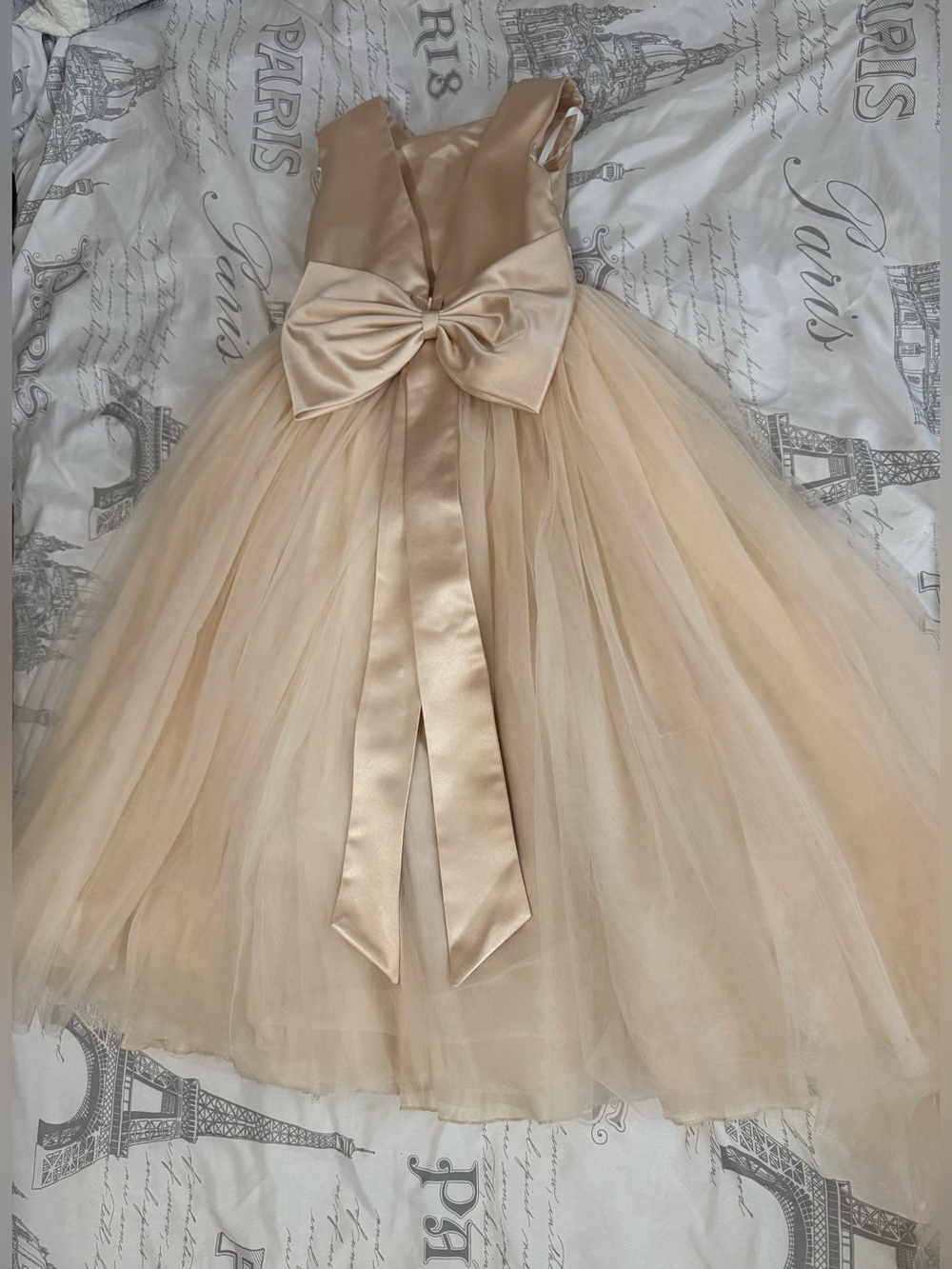 David's Bridal Champagne Satin & Tulle Bow-Back Girls Dress - Picture 2 of 7